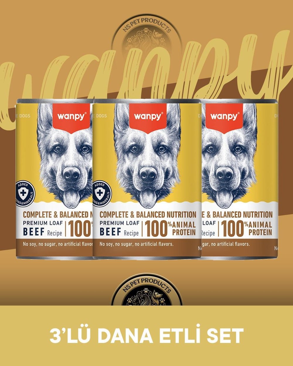 Wanpy Tahılsız %100 Gerçek Et Dana Etli Ezme Köpek Konserve Maması Seti 3x375 gr