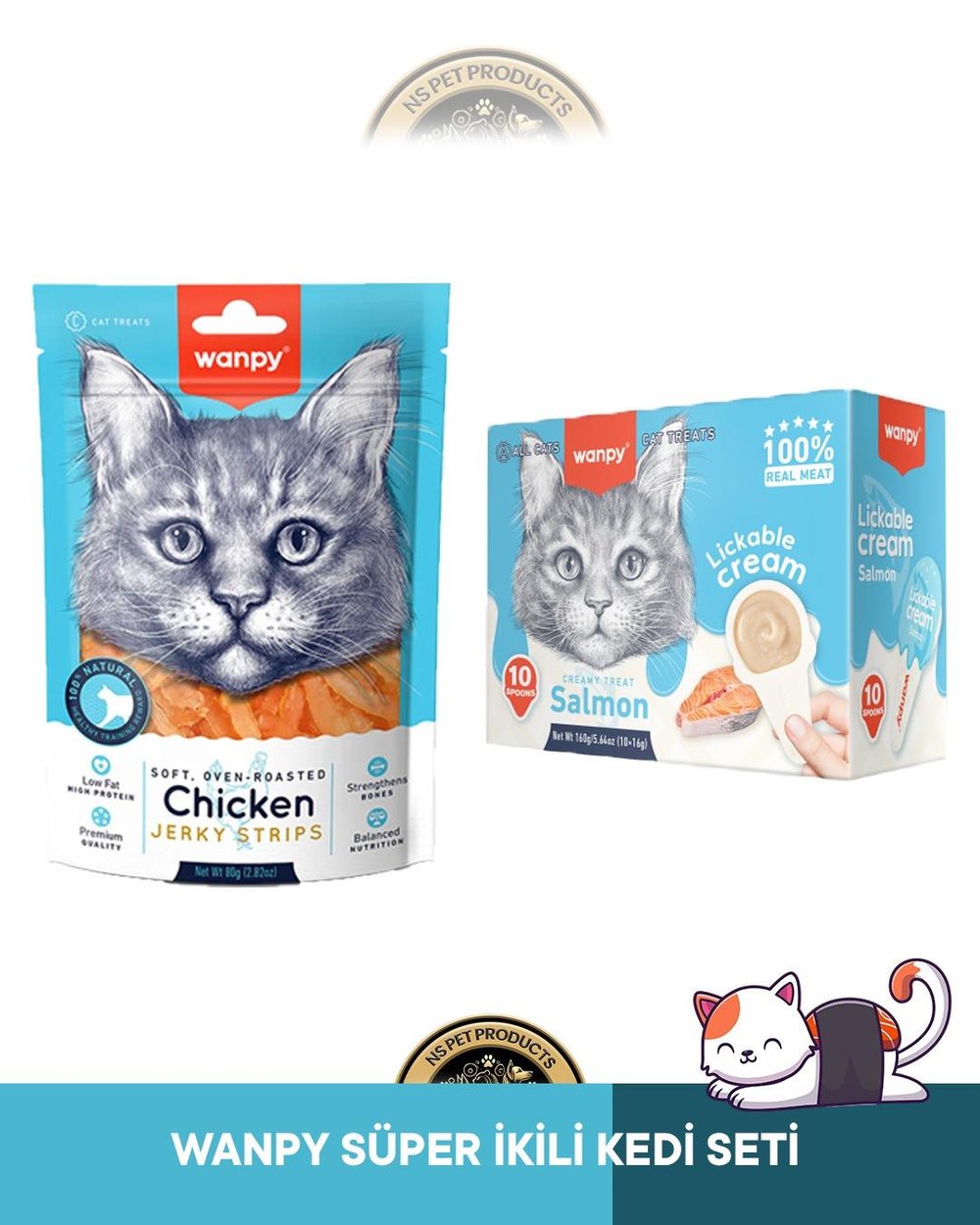 Wanpy Gerçek Tavuk Fileto Jerky Strips Yumuşak 80 gr & Lickable Cream Somonlu 10x16 gr Kedi Ödül Maması Seti
