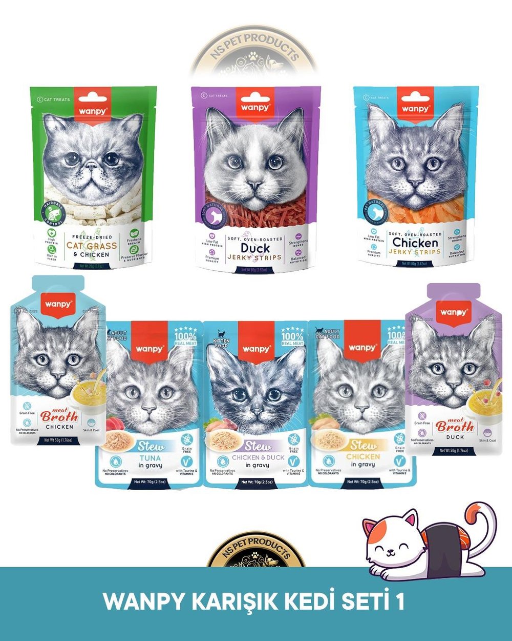 Wanpy Gerçek Tavuk - Ördek Fileto Jerky Strips Yumuşak 80 gr & Kedi Çimi ve Tavuklu 20 gr & Tavuk Çorba - Ördek Çorba 50 gr & Pouch Tavuk - Tavuk Ördek - Ton Balık Yaş Kedi Maması 70 gr - Kedi Ödül & Konserve Maması