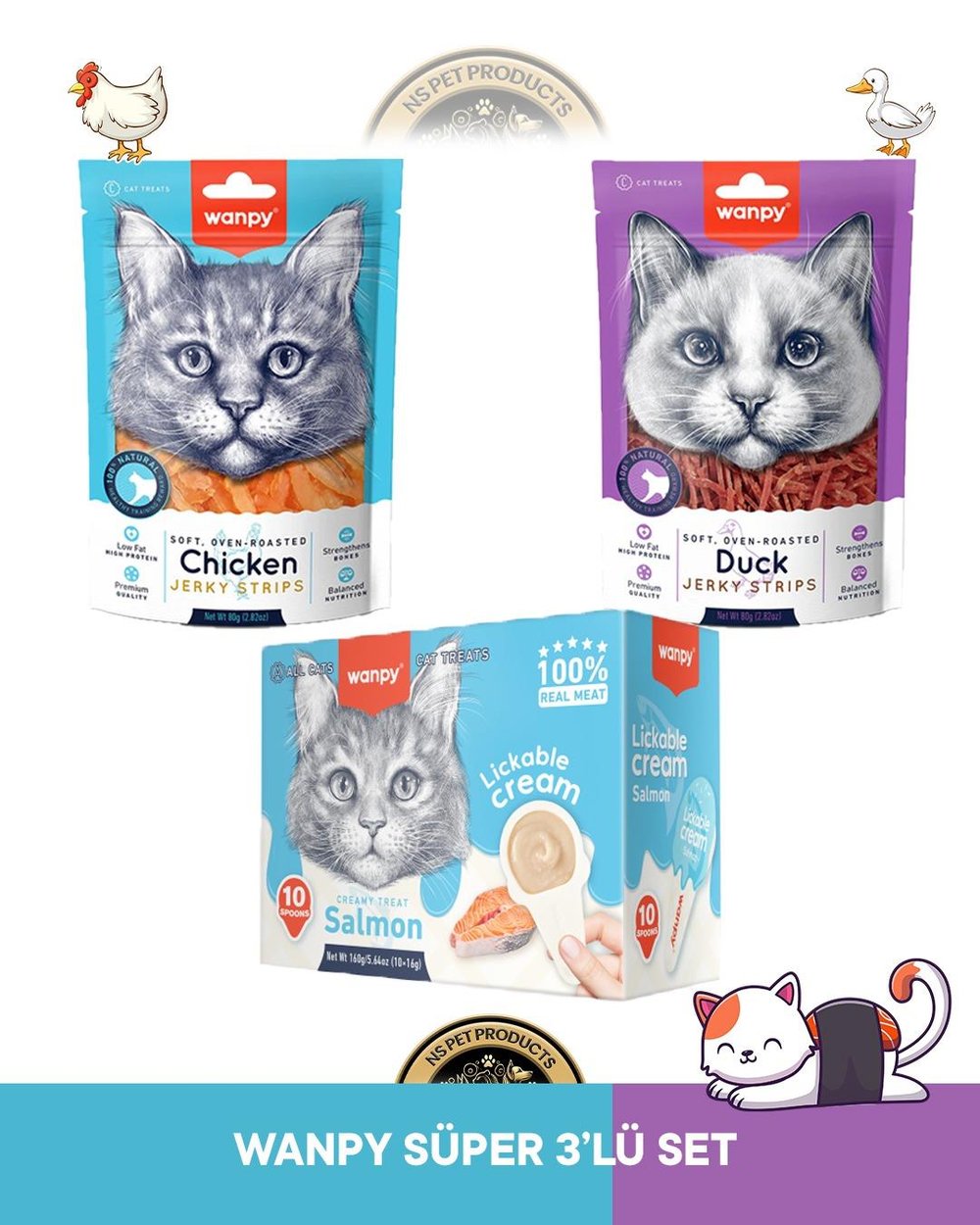 Wanpy Gerçek Tavuk - Ördek Fileto Jerky Strips Yumuşak 80 gr & Lickable Cream Somonlu 10x16 gr Kedi Ödül Maması Seti