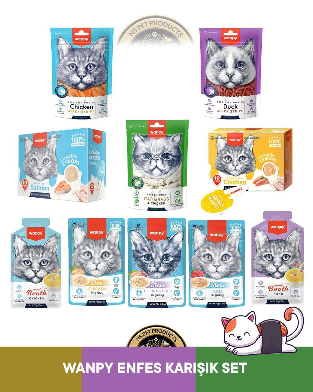 Wanpy Gerçek Tavuk - Ördek Fileto Jerky Strips Yumuşak 80 gr & Lickable Cream Tavuk - Somon 10x16 gr & Kedi Çimi ve Tavuklu 20 gr & Tavuk Çorba - Ördek Çorba 50 gr & Pouch Tavuk - Tavuk Ördek - Ton Balık Yaş Kedi Maması 70 gr - Kedi Ödül Maması ve Konserv