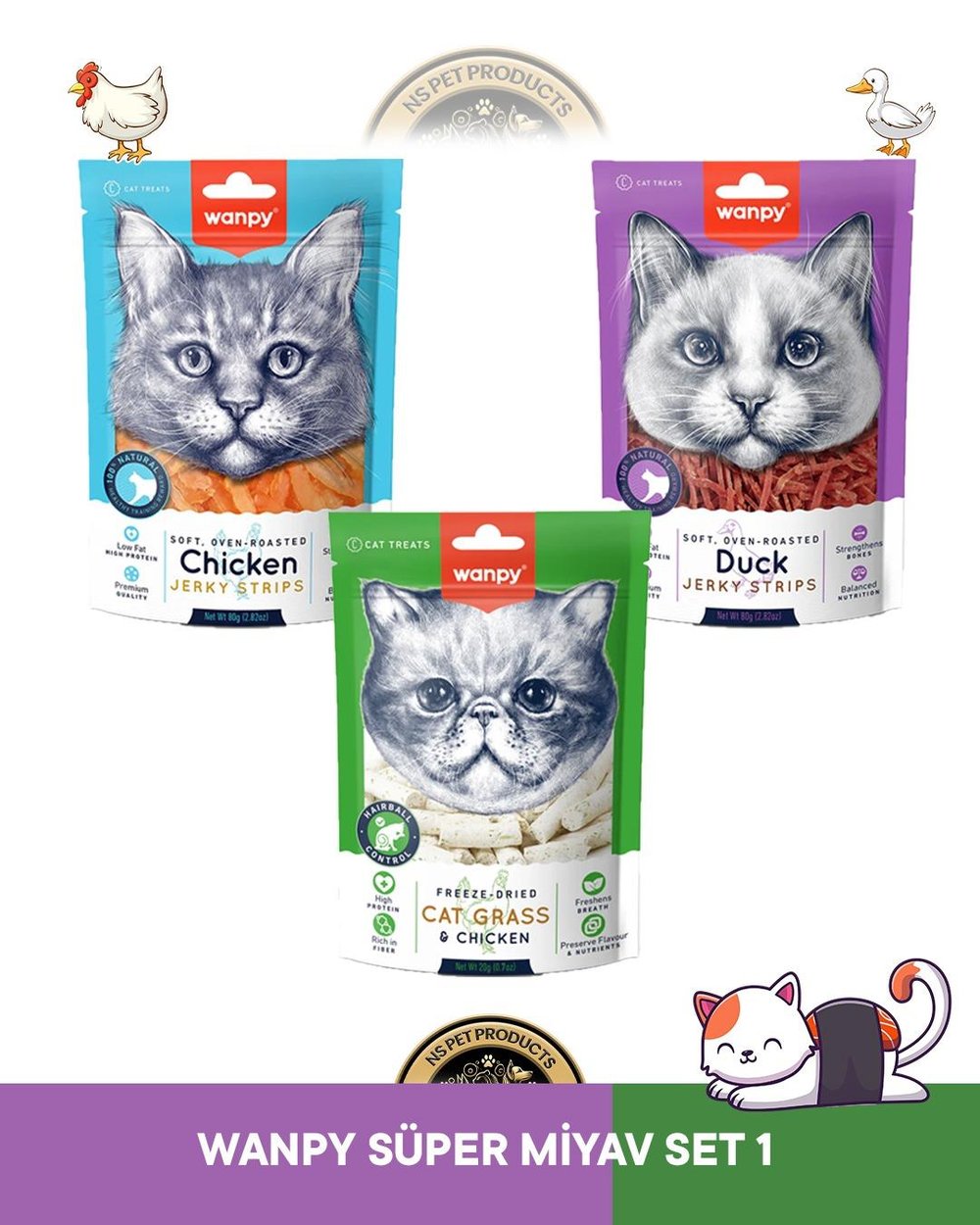 Wanpy Gerçek Tavuk - Ördek Fileto Jerky Strips Yumuşak 80 gr & Kedi Çimi ve Tavuklu 20 gr Kedi Ödül Maması Seti
