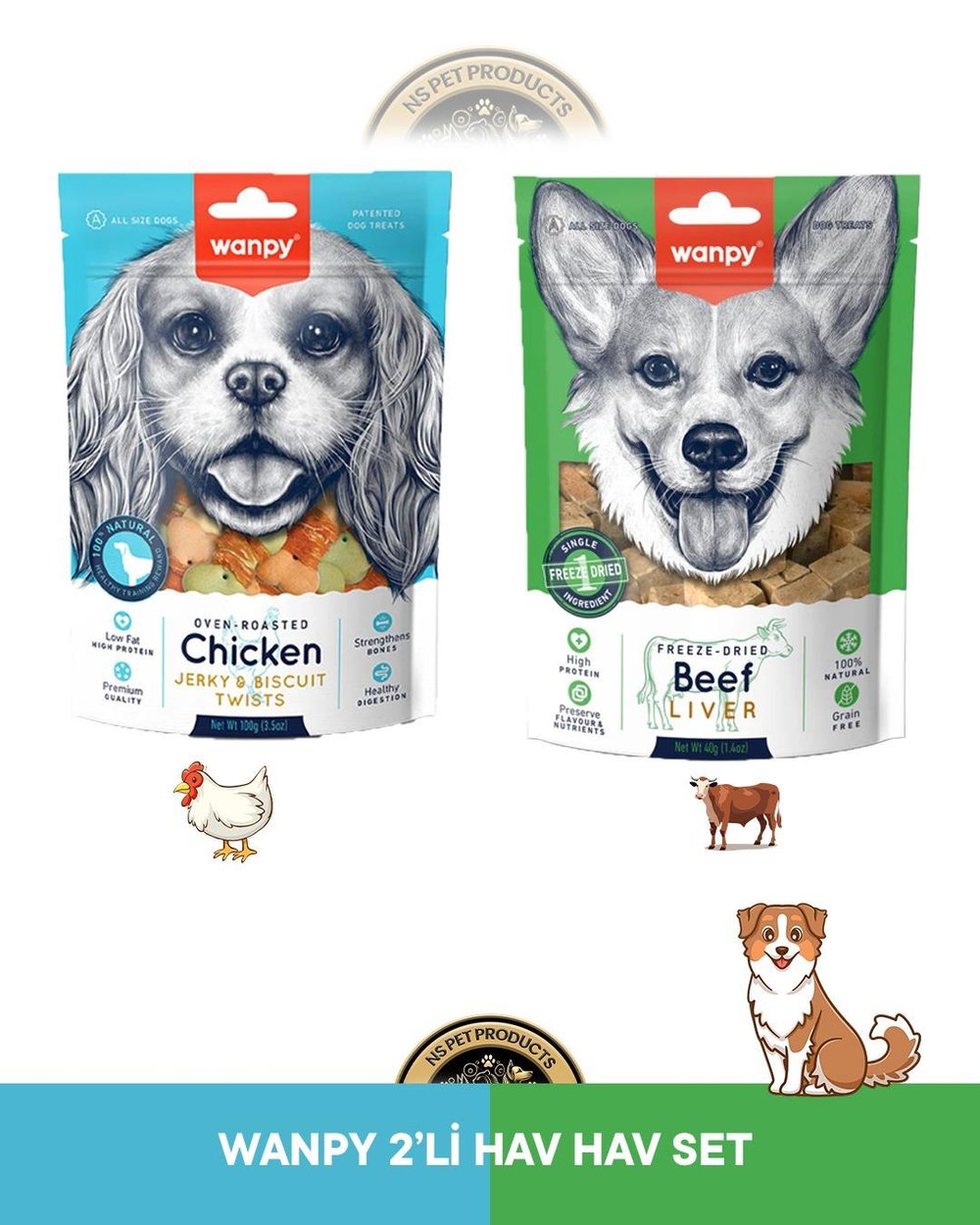Wanpy Jerky Bisküvi Üzeri Tavuk Sargılı 100 gram & Kurutulmuş Gerçek Dana Ciğeri 40 gram Köpek Ödül Maması Seti