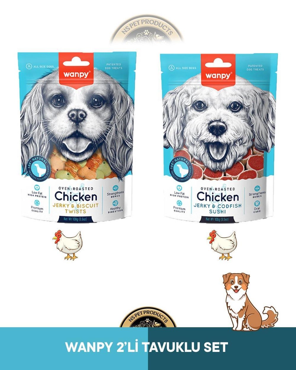 Wanpy Jerky Bisküvi Üzeri Tavuk Sarılı & Jerky Codfish Sushi Tavuklu ve Morina Balıklı Köpek Ödül Maması Seti 2x100 gr