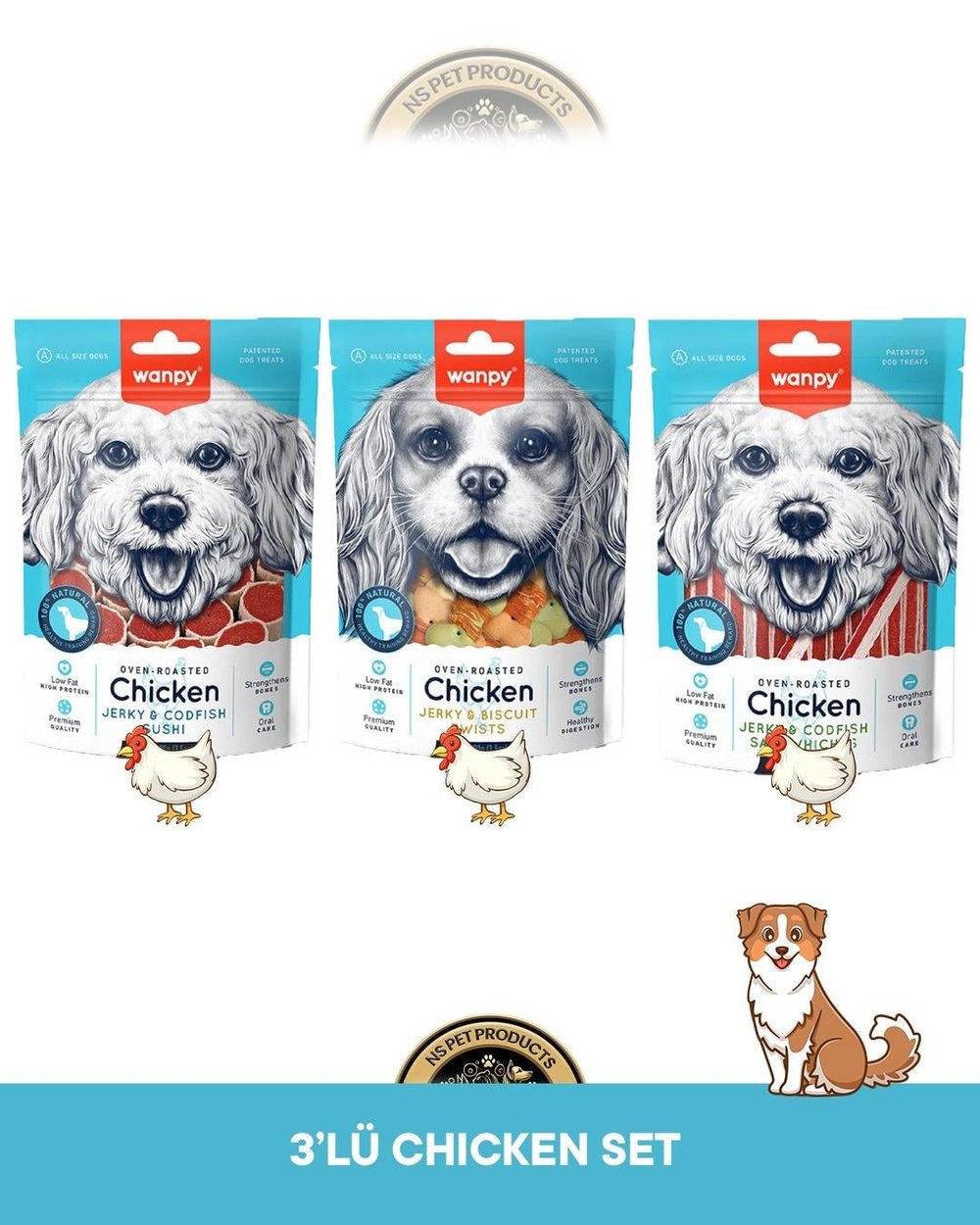 Wanpy Jerky Codfish Sushi Tavuklu ve Morina Balıklı - Jerky Bisküvi Üzeri Tavuk Sargılı - Jerky Tavuklu Morina Balıklı Sandviç Köpek Ödül Maması Seti 3x100 gram