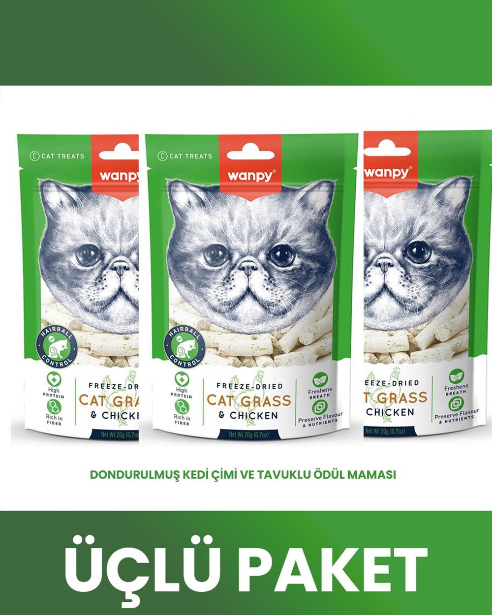Wanpy Kedi Dondurulmuş Kedi Çimi ve Tavuklu Ödül 3x20gr (3lü paket)
