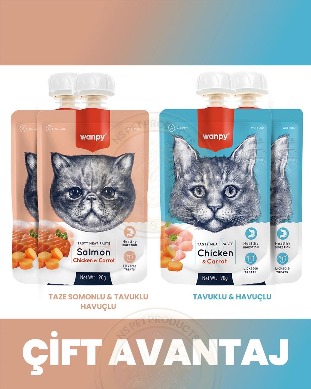 Wanpy Kedi Et Ezmesi 2 Lezzet 4lü Mix Paket 4x90gr (Somon,Tavuk-Havuç,Tavuk)