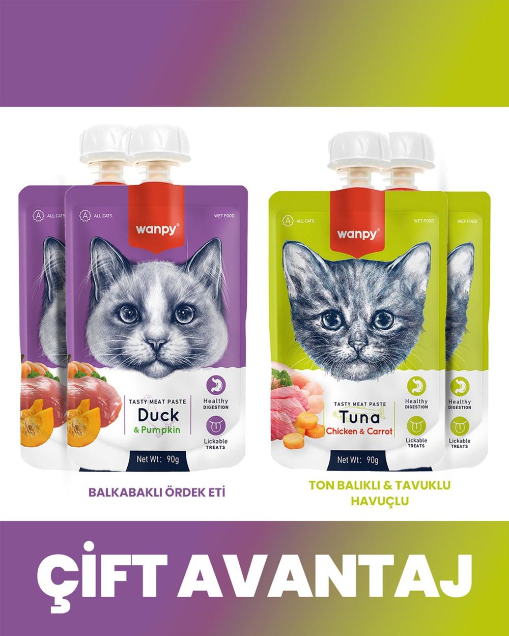 Wanpy Kedi Et Ezmesi 2 Lezzet 4lü Mix Paket 4x90gr (Ördek-Ton,Tavuk)