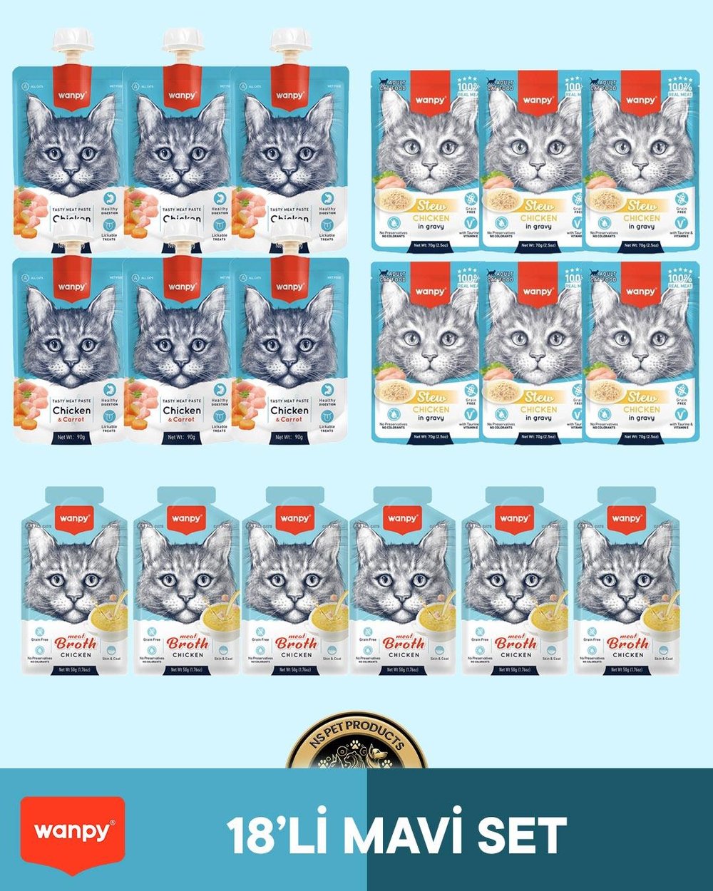 Wanpy Kedi Maması 18'li Tavuklu Mavi Set