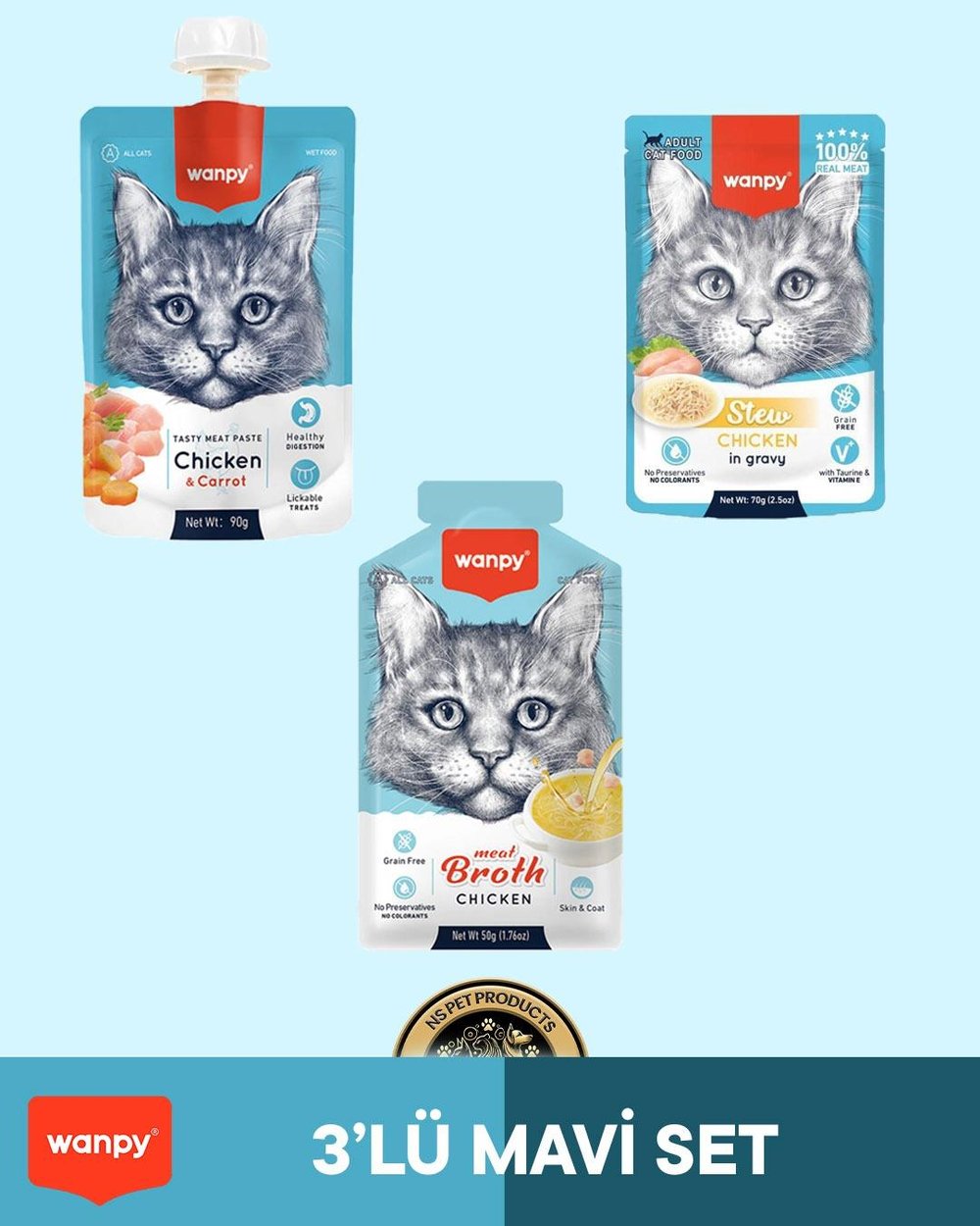 Wanpy Kedi Maması 3'lü Tavuklu Mavi Set