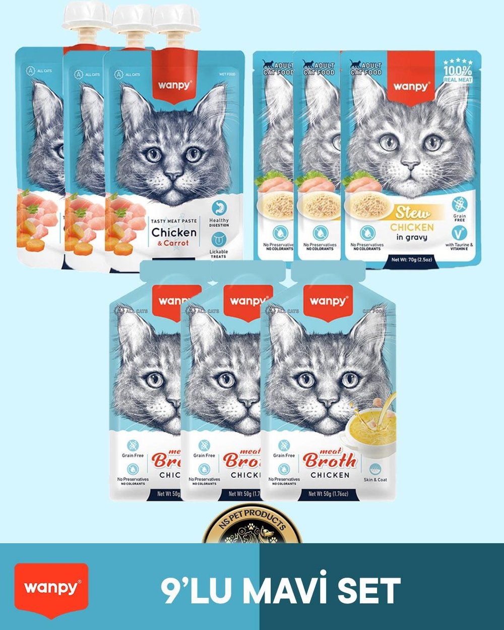 Wanpy Kedi Maması 9'lu Tavuklu Mavi Set