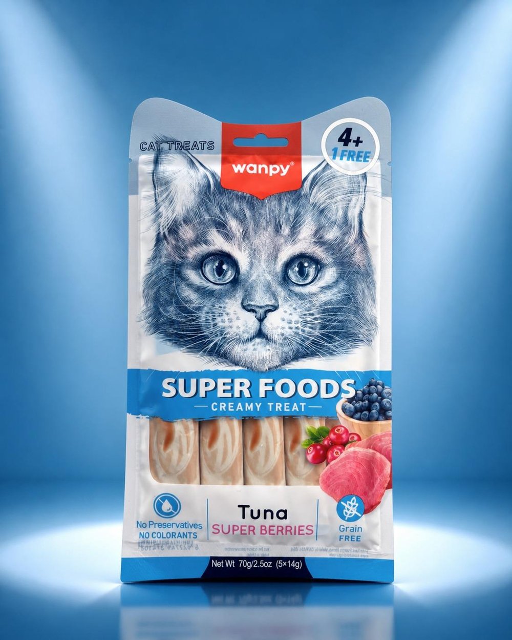 Wanpy Kedi Ödül Maması Super Foods Kremalı Ton Balıklı & Orman Meyveli İçerikli 70g (4+1 Free) Tahılsız Kedi Kreması