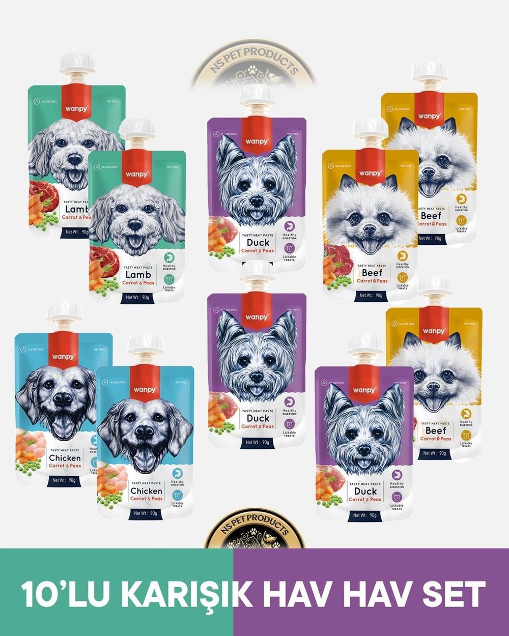 Wanpy Kuzu,Ördek,Dana Eti,Tavuk Köpek Et Ezmesi 10x90 gram