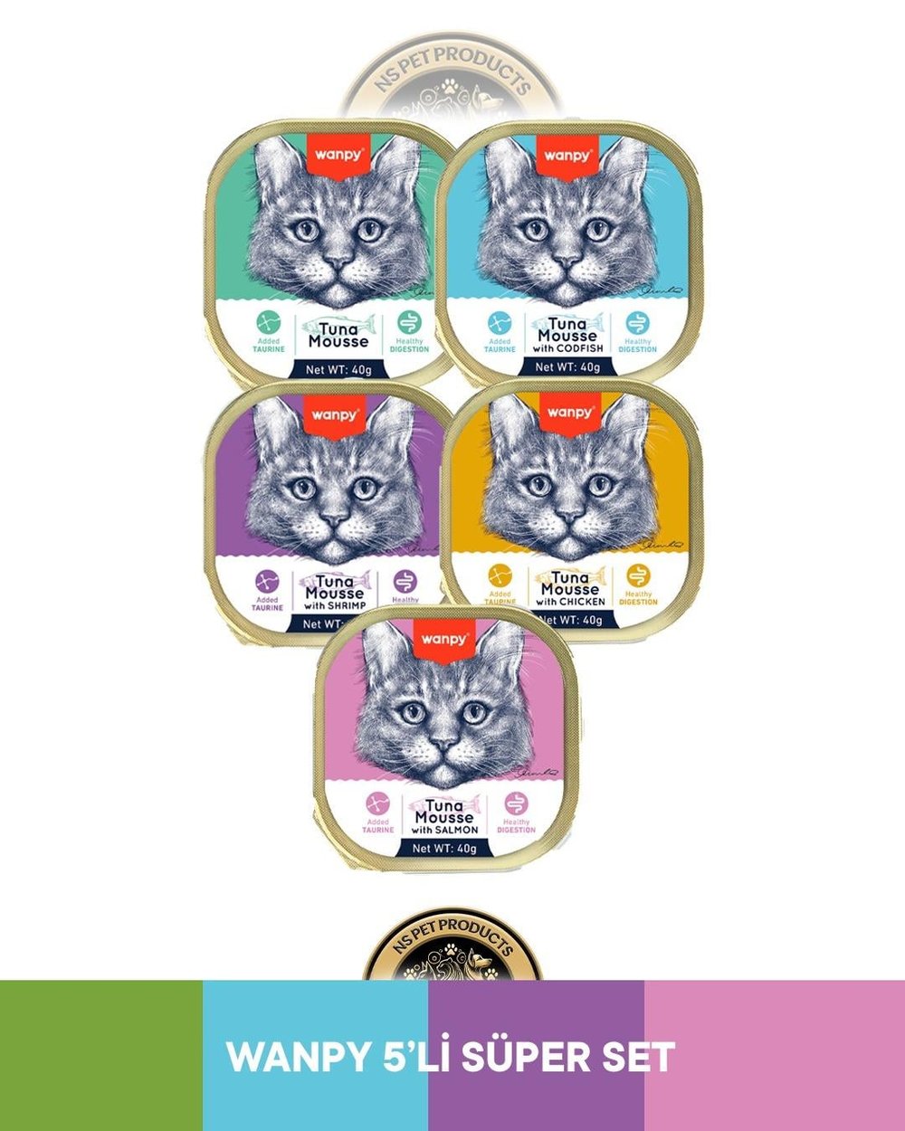 Wanpy Mousse Ton Balıklı Alutray & Ton Balıklı - Morina Balıklı Alutray & Ton Balıklı - Karidesli Alutray & Ton Balıklı - Tavuklu Alutray & Ton Balıklı - Somonlu Alutray Kedi Yaş Maması Seti 5x40 gr