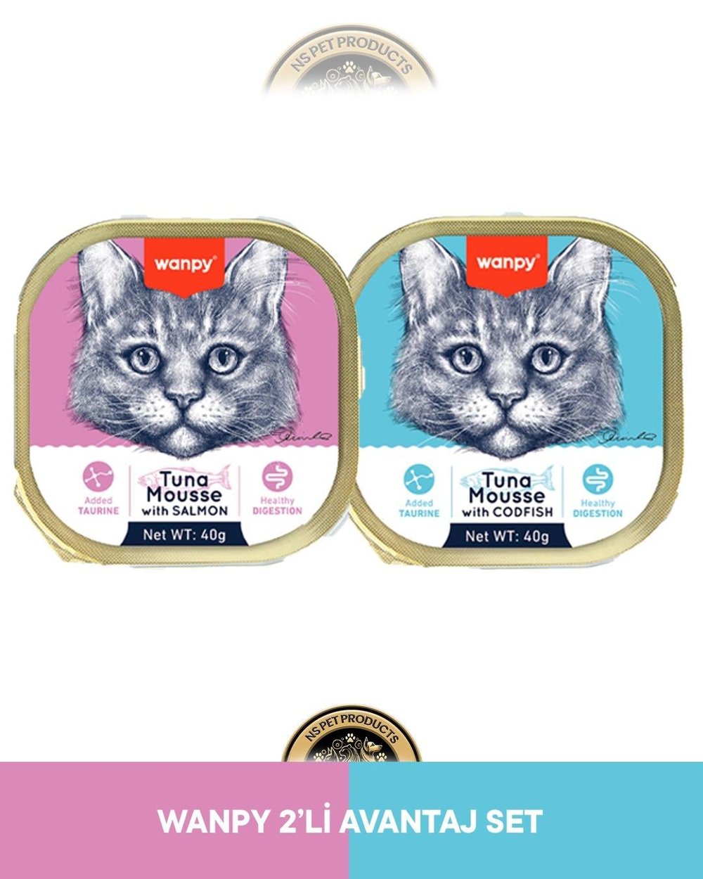 Wanpy Mousse Ton Balıklı - Somonlu Alutray & Wanpy Mousse Ton Balıklı - Morina Balıklı Alutray Kedi Yaş Maması Seti 2x40 gr