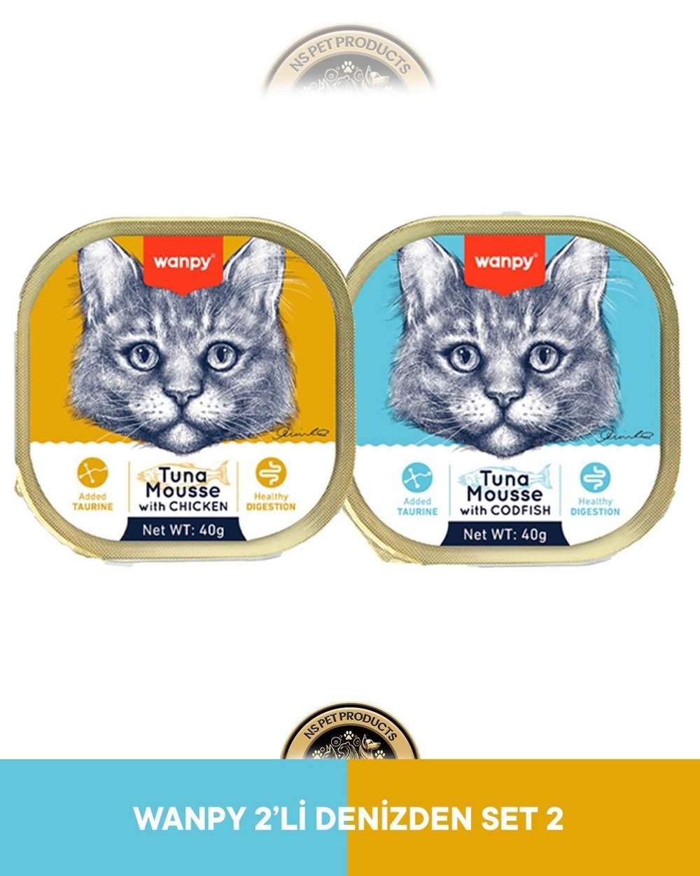 Wanpy Mousse Ton Balıklı - Tavuklu Alutray & Wanpy Mousse Ton Balıklı - Morina Balıklı Alutray Kedi Yaş Maması Seti 2x40 gr