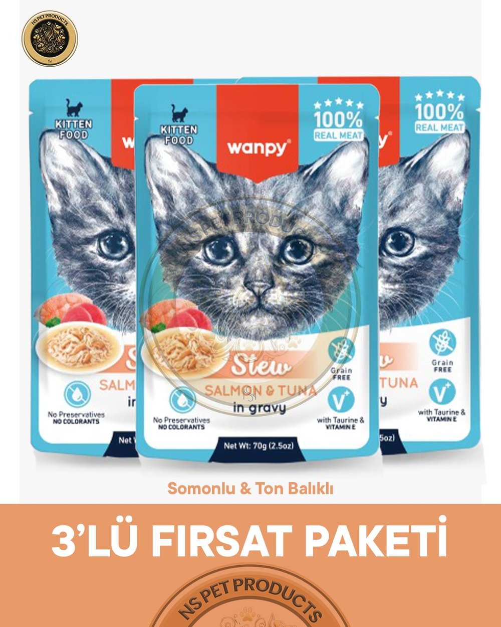 Wanpy Pouch Somon-Ton Yaş Yavru Kedi Maması 3lü Fırsat 3x70gr