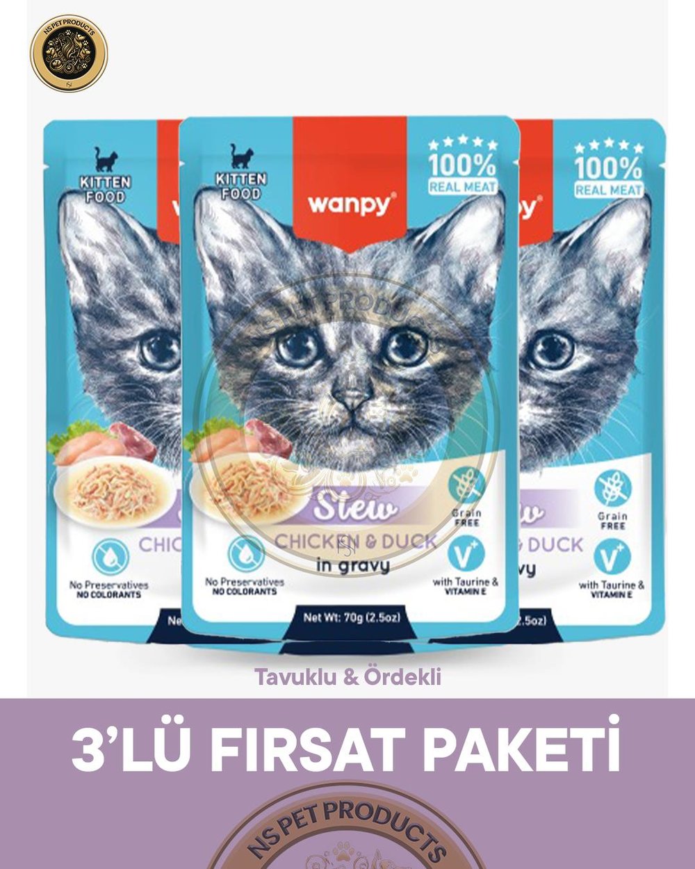 Wanpy Pouch Tavuk-Ördek Yaş Yavru Kedi Maması 3lü Fırsat 3x70gr