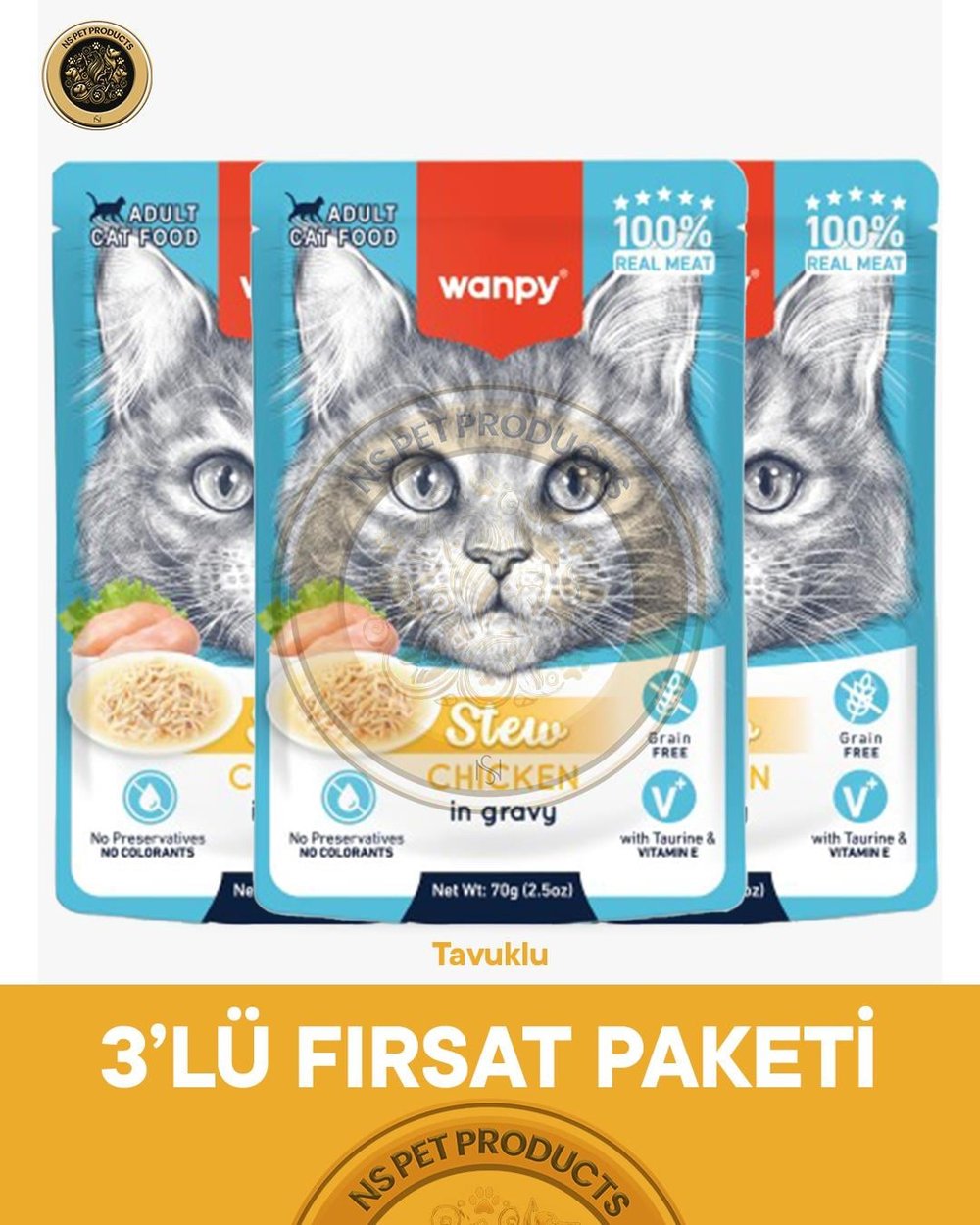Wanpy Pouch Tavuklu Yaş Kedi Maması 3lü Fırsat 3x70gr
