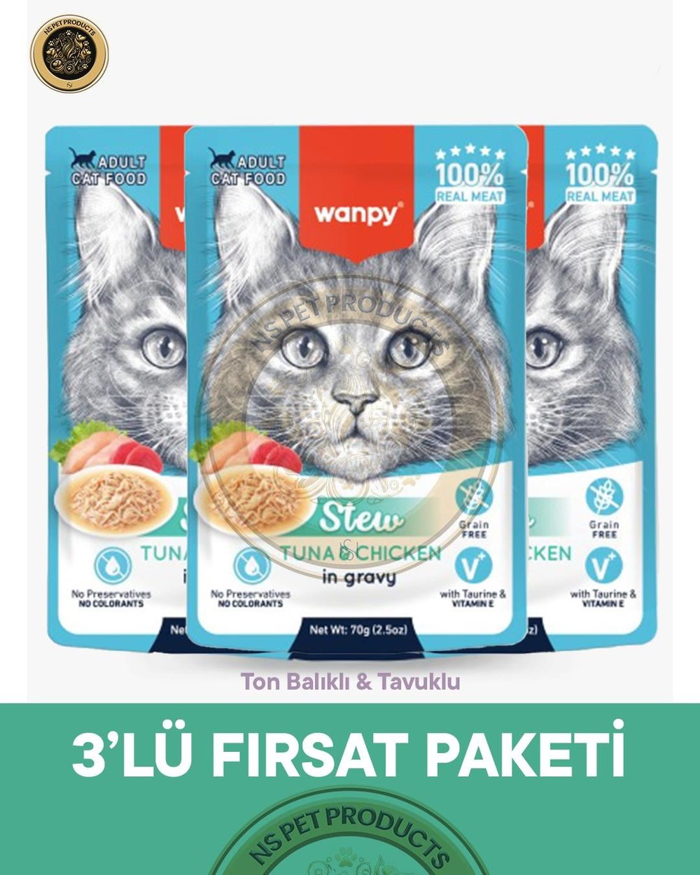 Wanpy Pouch Ton-Tavuk Yaş Kedi Maması 3lü Fırsat 3x70gr