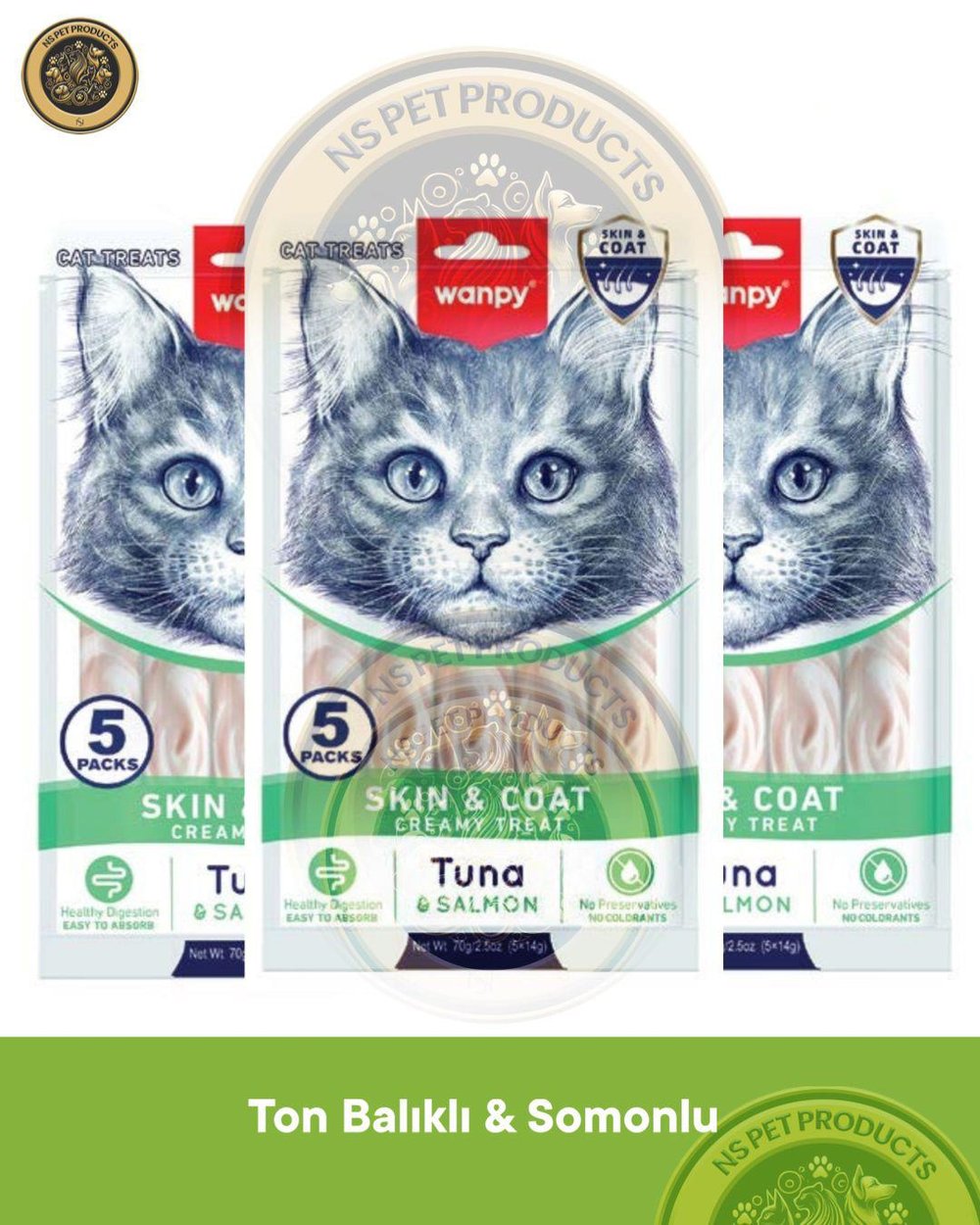 Wanpy Skin Coat Ton Balığı-Somon Kedi Krema Ödülü 5x14gr 3lü Set