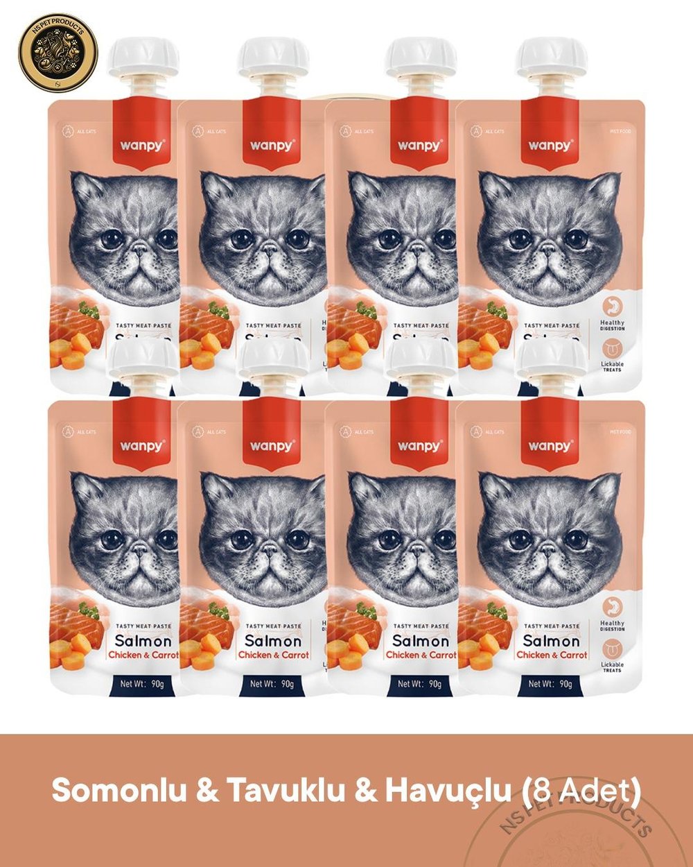 Wanpy Somonlu, Tavuklu ve Havuçlu Kedi Ödülü (8 Adet - 90g) | Tasty Meat Paste Salmon Chicken & Carrot