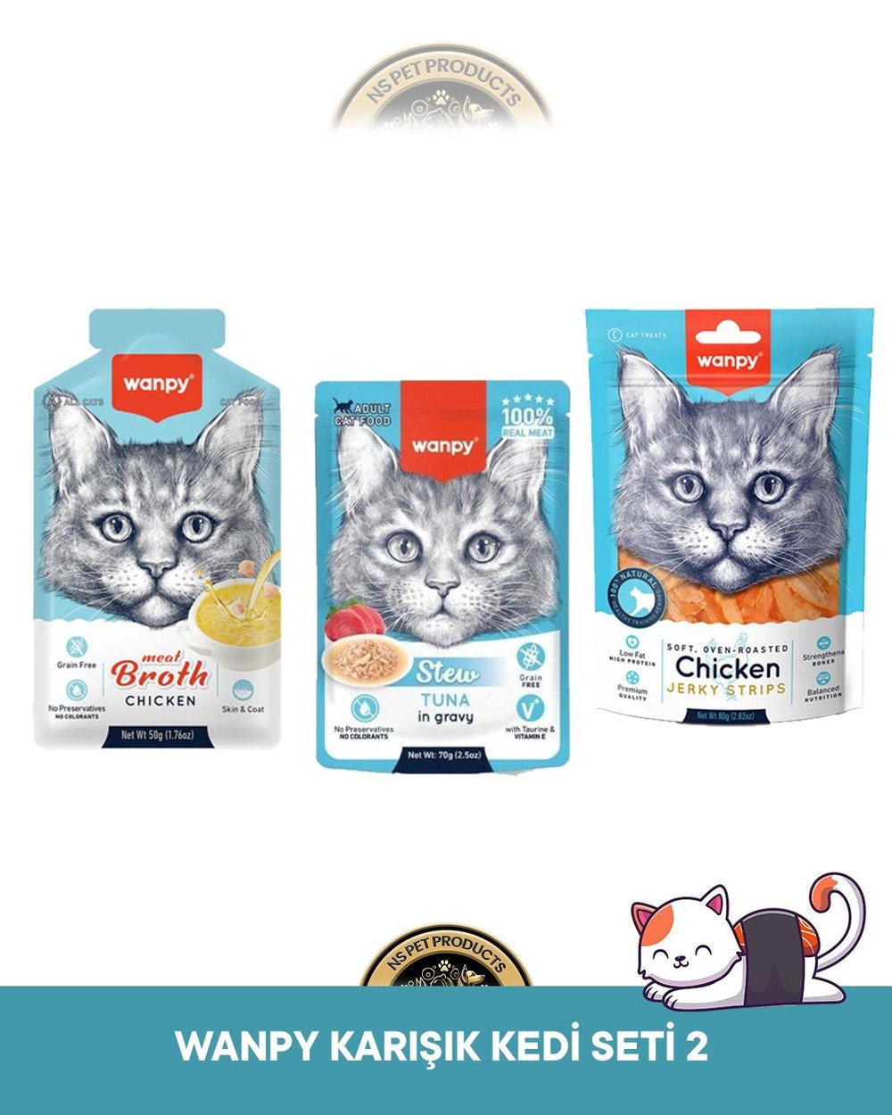 Wanpy Tavuk Çorbası 50 gr & Pouch Ton Balık 70 gr & Gerçek Tavuk Fileto Jerky Strips Yumuşak 80 gr Kedi Ödül Maması Seti