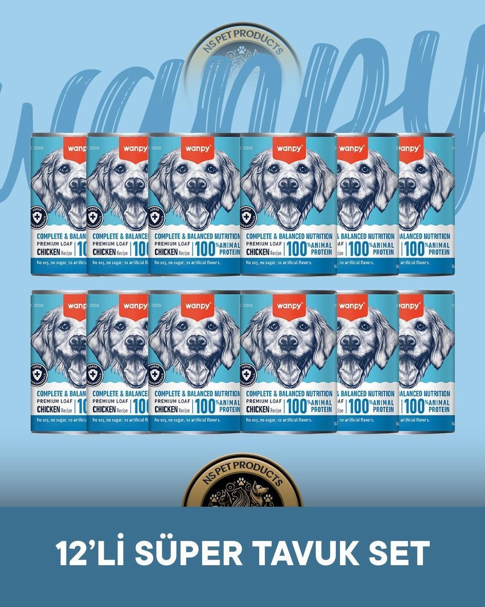 Wanpy Tahılsız %100 Gerçek Et Tavuklu Ezme Köpek Konserve Maması Seti 12x375 gr