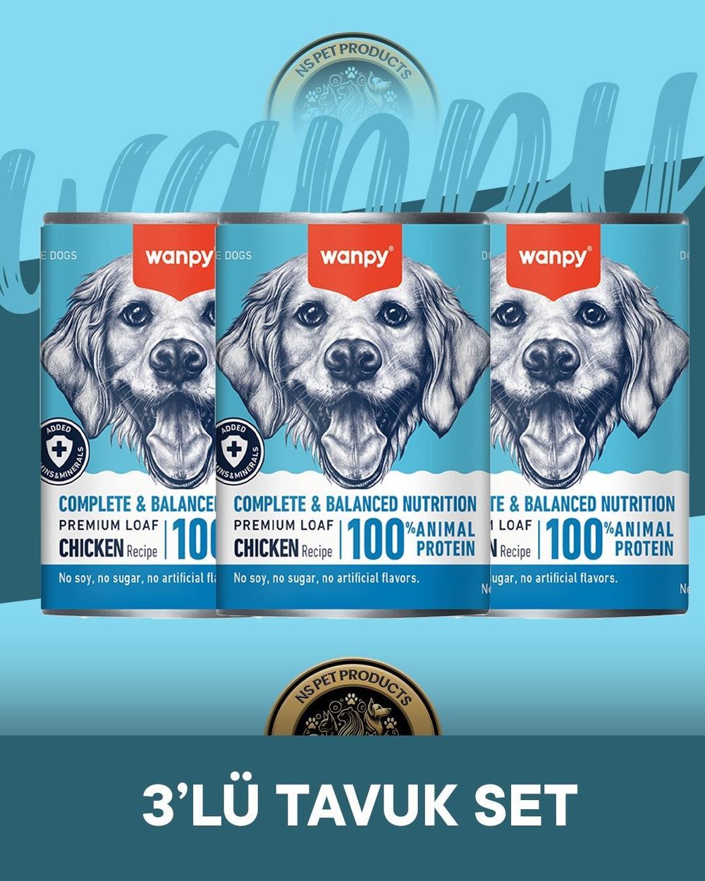 Wanpy Tahılsız %100 Gerçek Et Tavuklu Ezme Köpek Konserve Maması Seti 3x375 gr