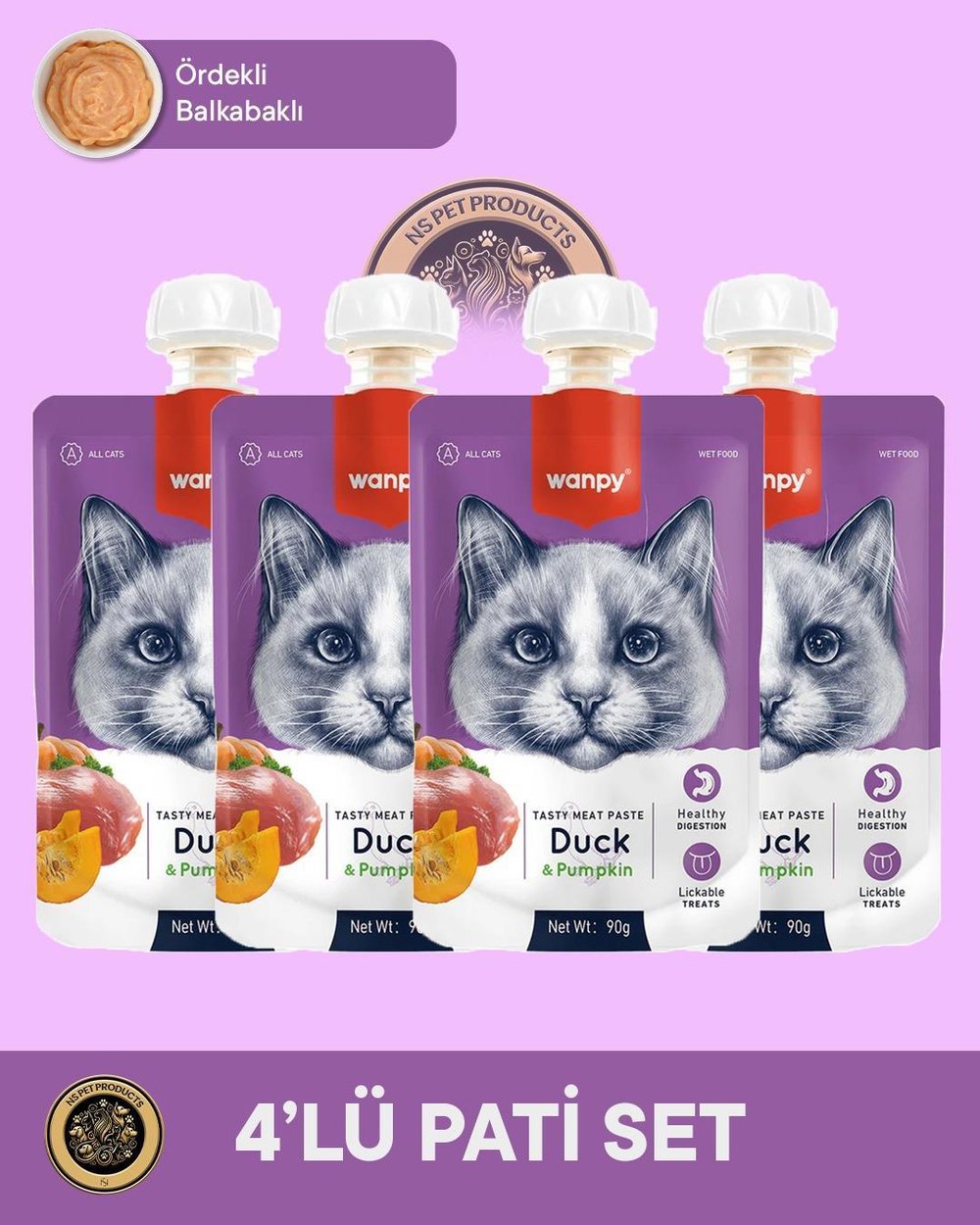Wanpy Taze Ördekli Bal Kabaklı Kedi Et Ezmesi 4'lü – 90 g × 4 Paket