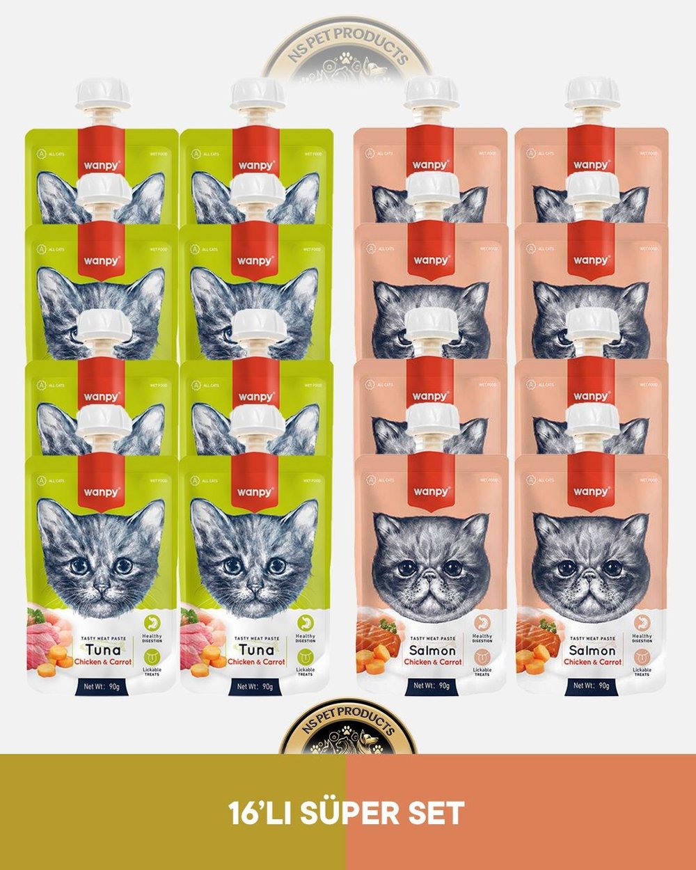 Wanpy Ton-Tavuk, Somon-Tavuk Kedi Et Ezmesi Seti 16x90 gram