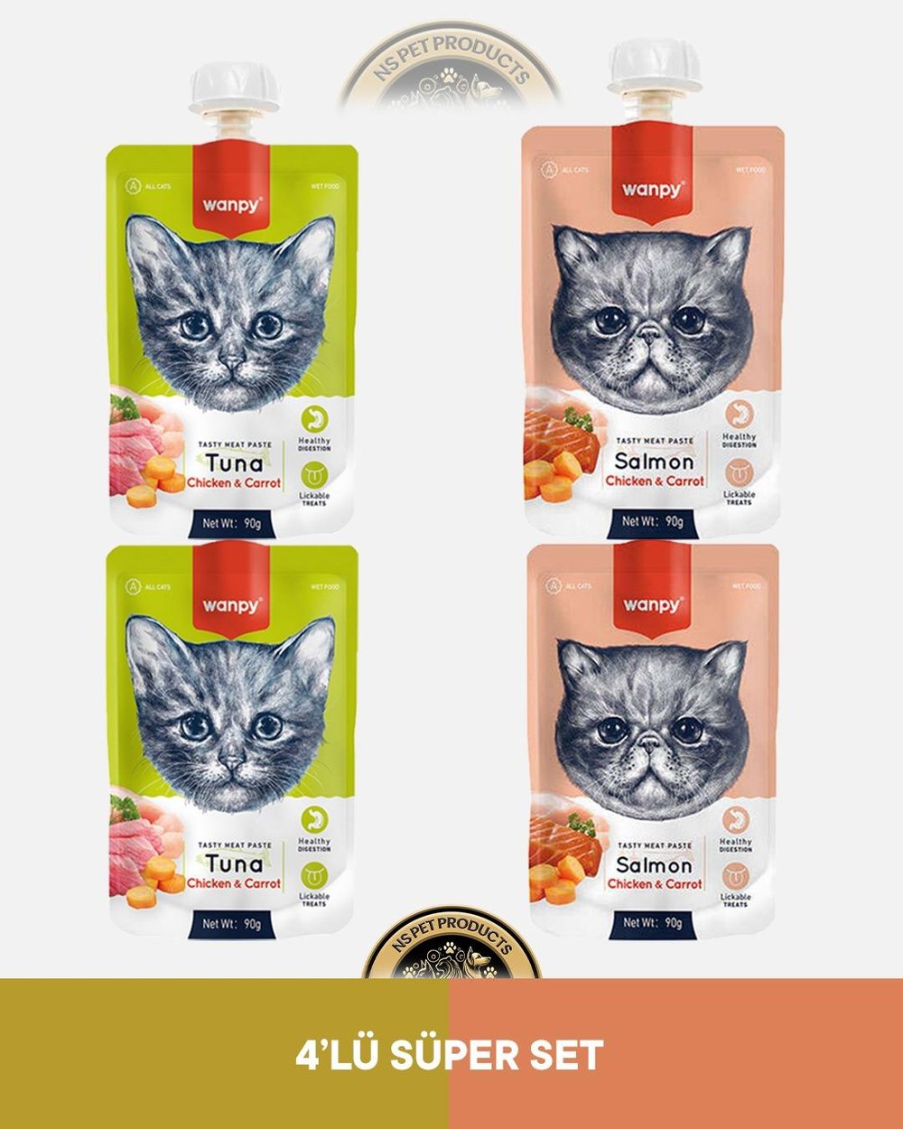Wanpy Ton-Tavuk, Somon-Tavuk Kedi Et Ezmesi Seti 4x90 gram
