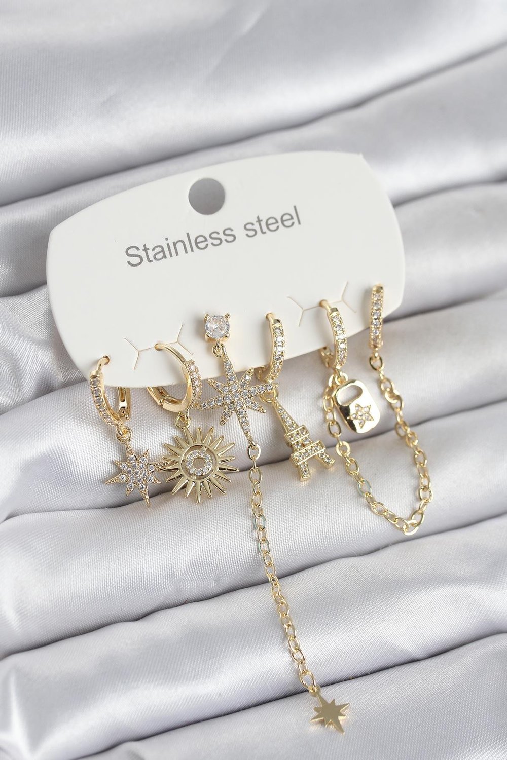 316L Çelik Gold Renk 6lı Set Charmlı Kadın Küpe