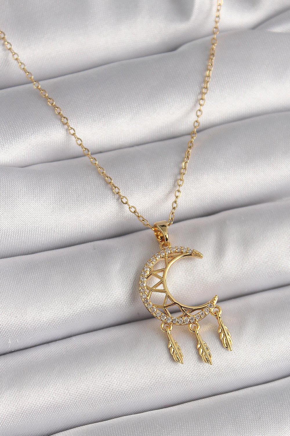 316L Çelik Gold Renk Zincir Zirkon Taşlı Hilal Model Sallantı Yaprak Detay Kadın Kolye – PRT3500EB03381