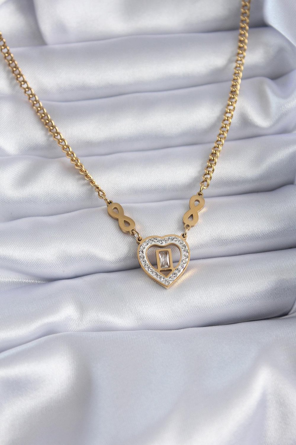 316L Çelik Gold Renk Zirkon Taşlı Kalp Model Sonsuzluk Detay Kadın Kolye – PRT3500EB00677