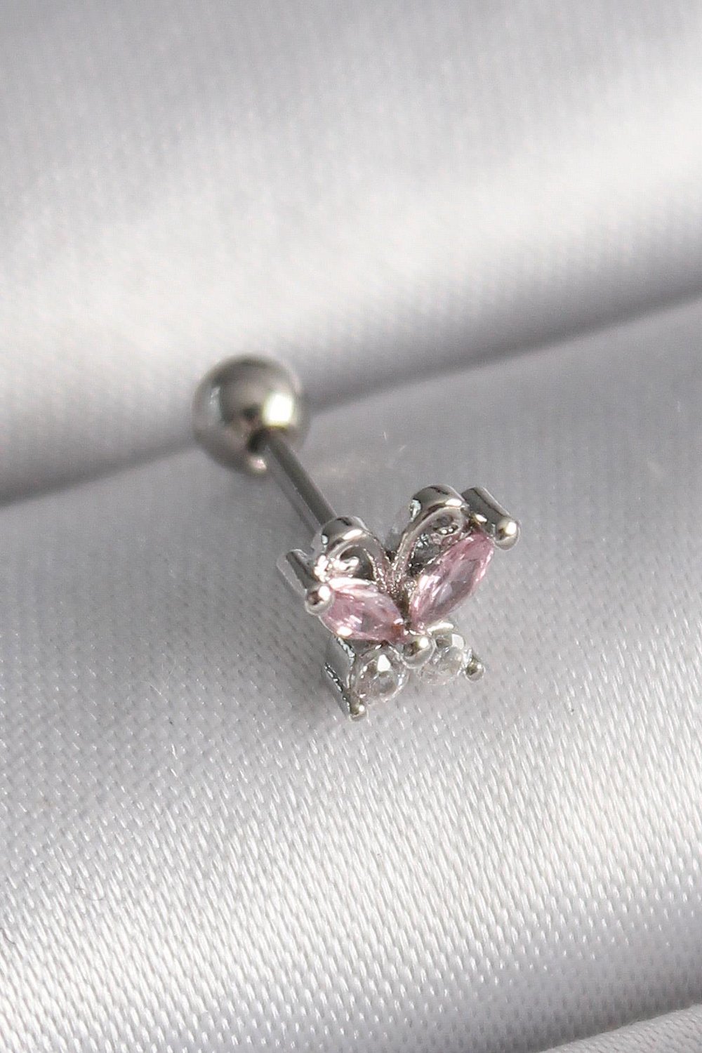 316L Çelik Gümüş Renk Pembe Zirkon Taşlı Kelebek Tragus Piercing – PRT3500EB02866