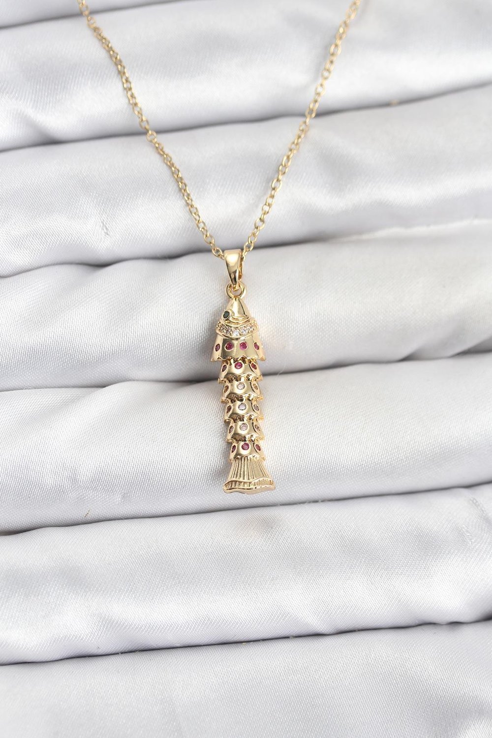 316L Çelik Zincir Gold Renk Balık Model Zirkon Taşlı Kadın Kolye - PRT3500EB10195