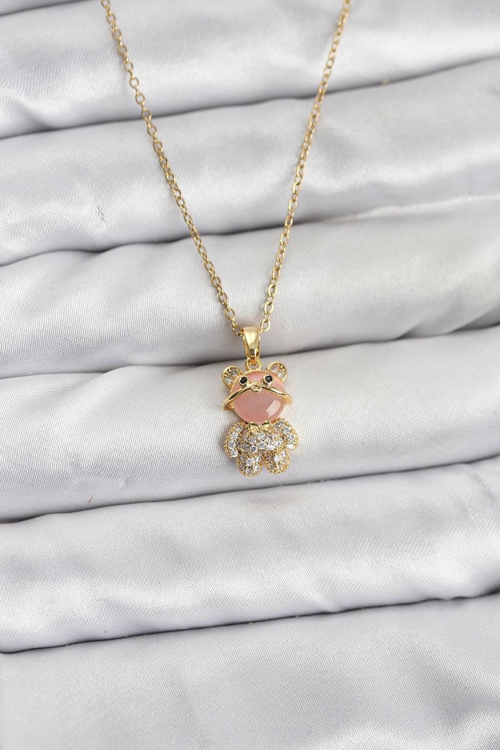 316L Çelik Zincir Gold Renk Teddy Bear Model Zirkon Taşlı Kadın Kolye - PRT3500EB10162
