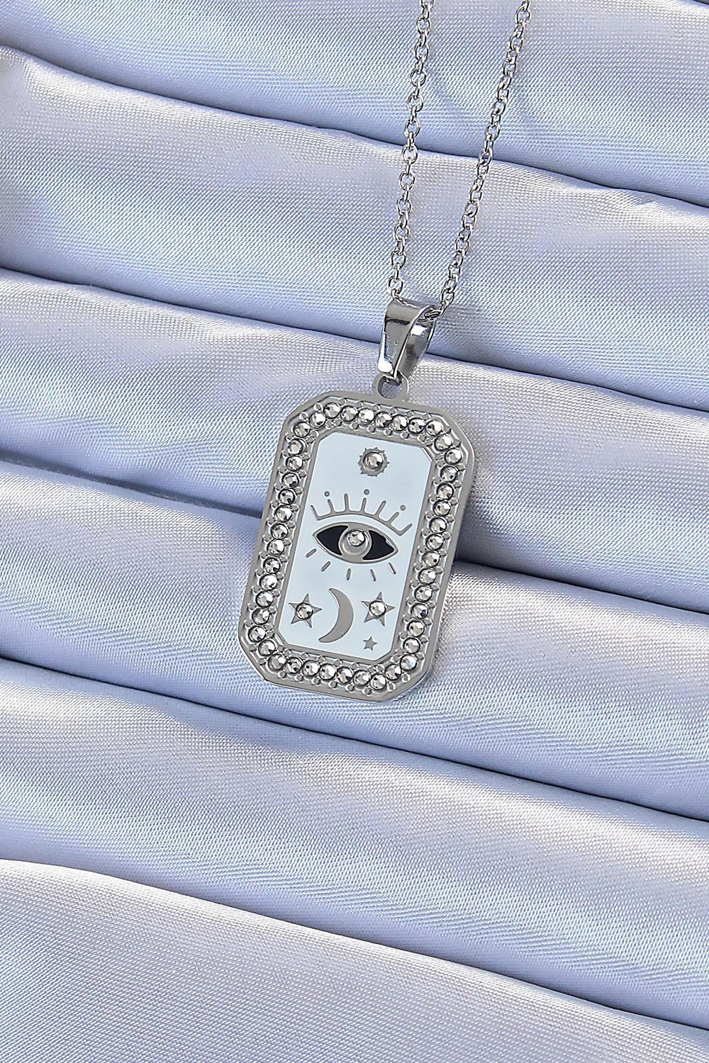 316L Çelik Zincir Gümüş Renk Mineli Zirkon Taşlı Göz Figür Tarot Kolye – PRT3500EB02319