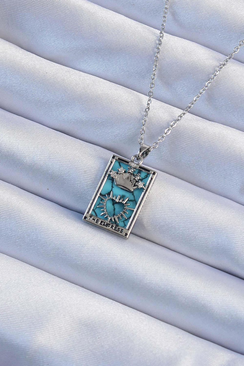 316L Çelik Zincir Gümüş Renk Zirkon Taşlı Mavi Mermer Desenli Taç Model Tarot Kolye - PRT3500EB02372