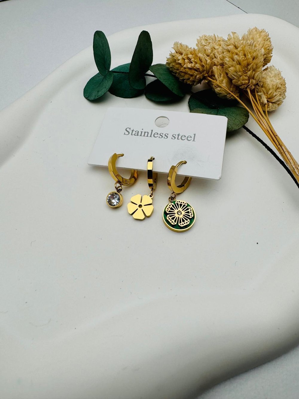 3'lü Yonca Detaylı Set Çelik Küpe (Gold) KP13536-1