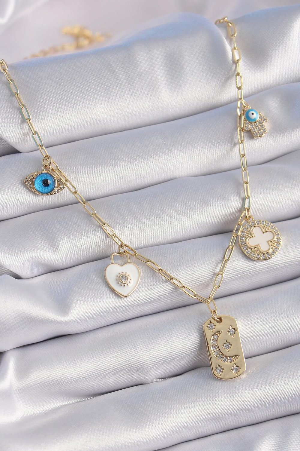 Gold Renk Zirkon Taşlı Çoklu Figür Model Şans Kolyesi - PRT3500EB02446