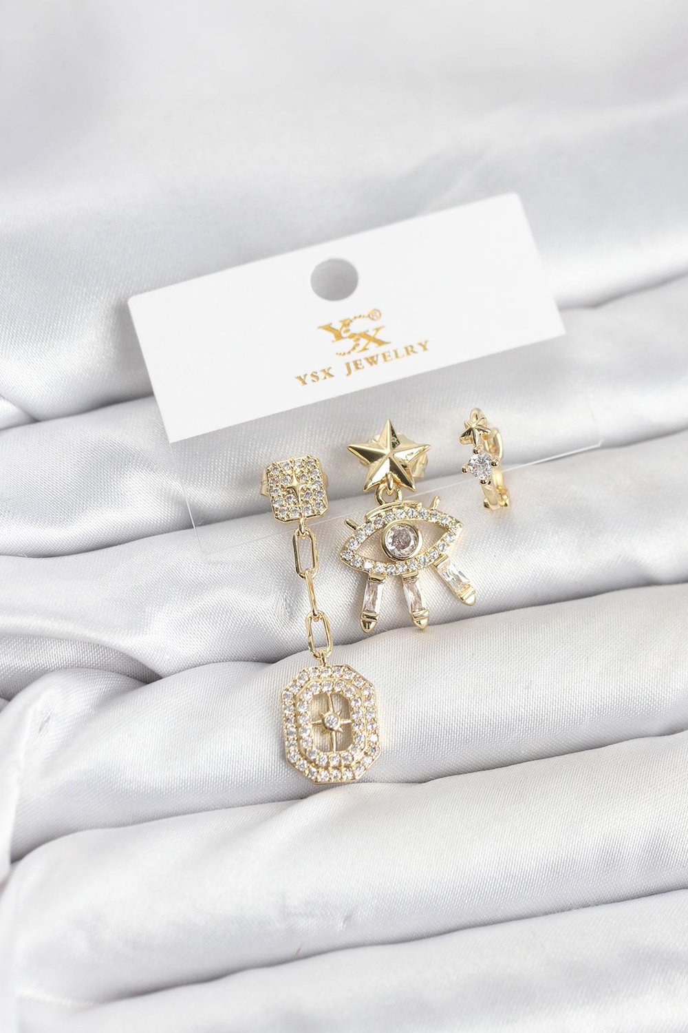 Pirinç Gold Renk Göz ve Kutup Yıldızı Model YSX Trio Küpe Seti