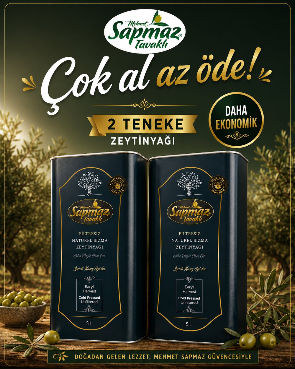 SAPMAZ TAVAKLI2'li Filtresiz Naturel Sızma Zeytinyağı 5 Litre 