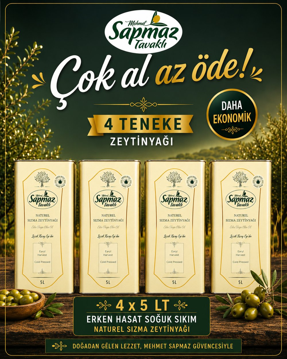 SAPMAZ TAVAKLI4' lü Erken Hasat Soğuk Sıkım Natürel Sızma Zeytinyağı 5 Litre 
