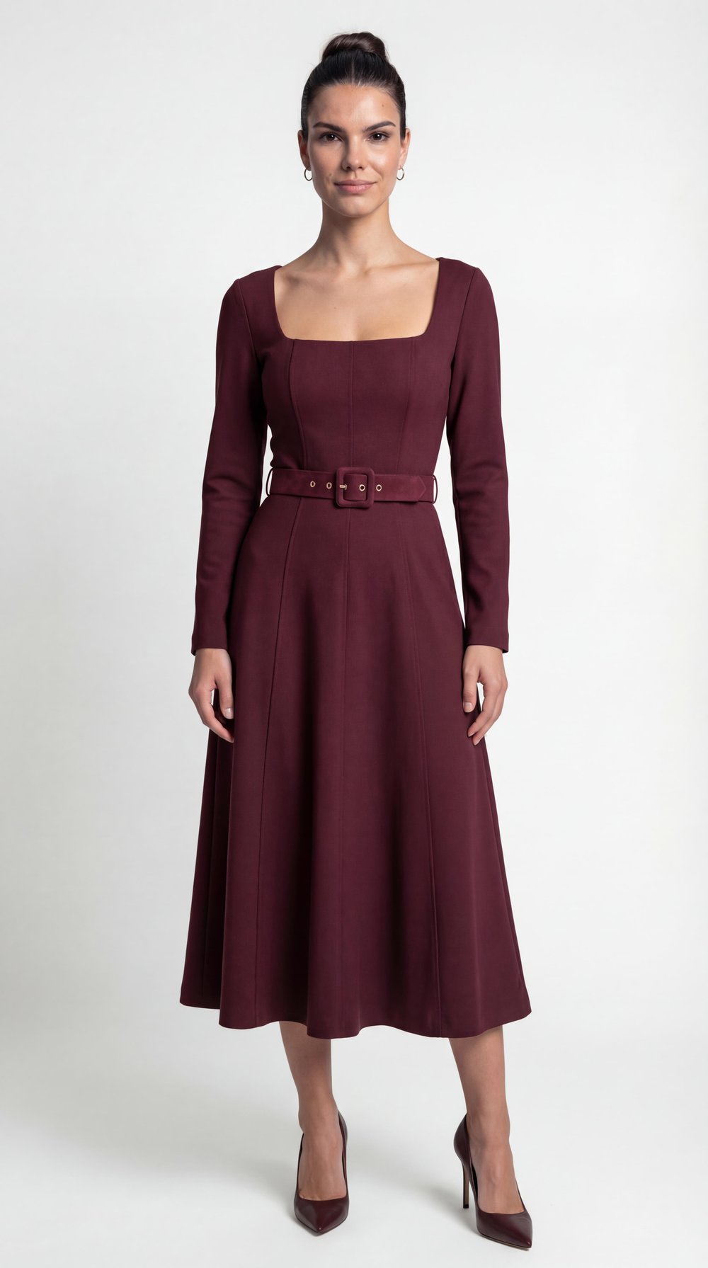 Bordo-ML18022 Kemerli Kare Yaka Midi Boy Elbise