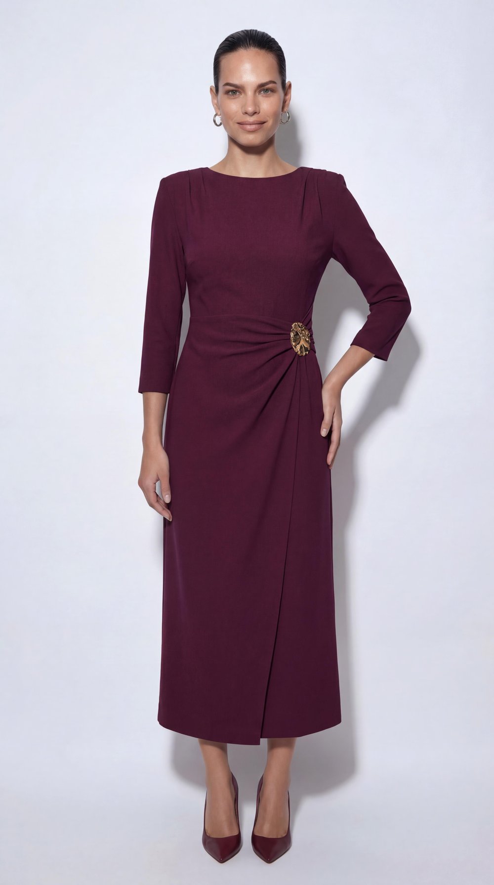 Bordo-ML18039 Toka Detaylı Midi Boy Elbise
