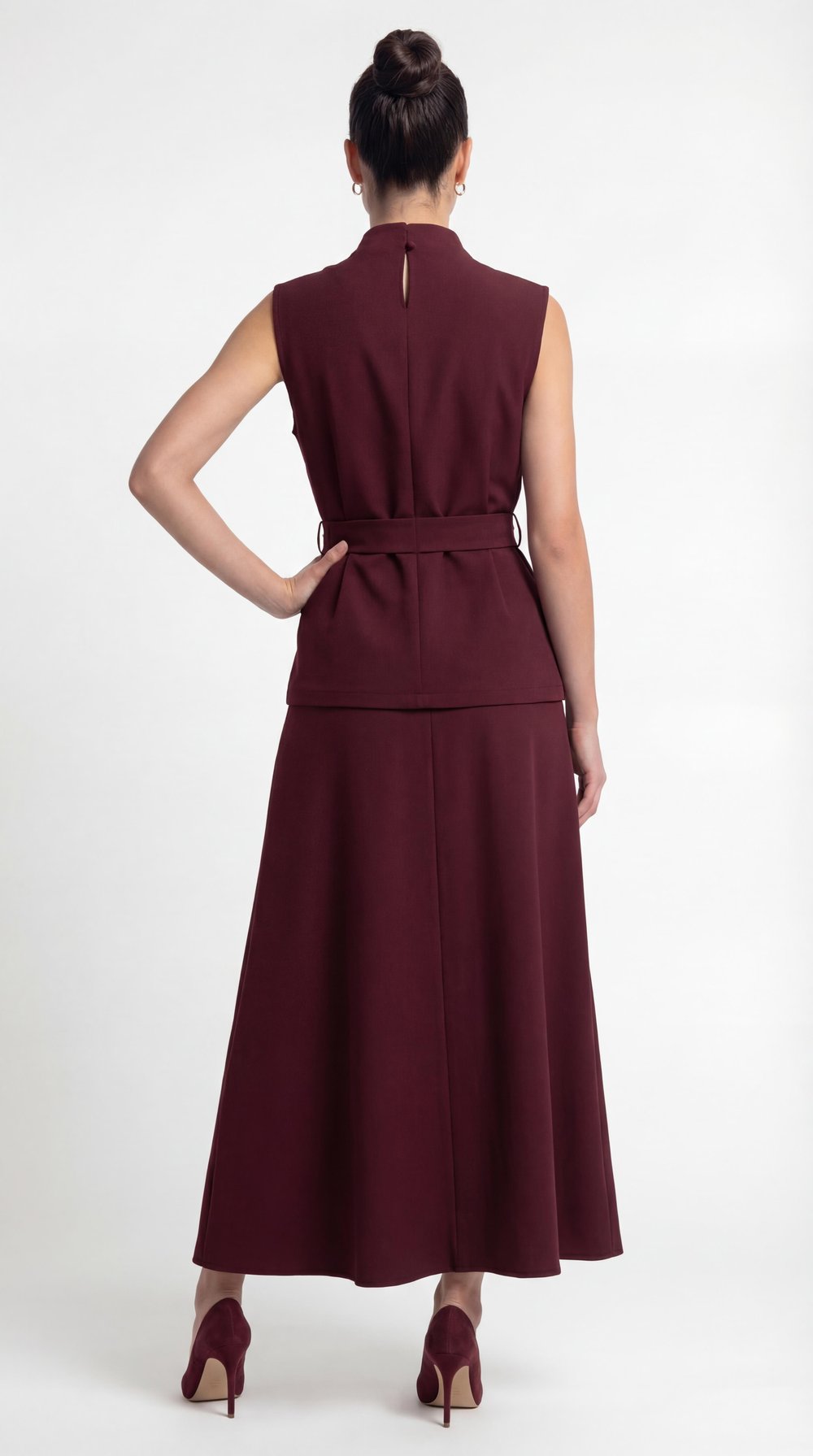 Bordo-ML28011 Kemerli Dik Yaka Bluz