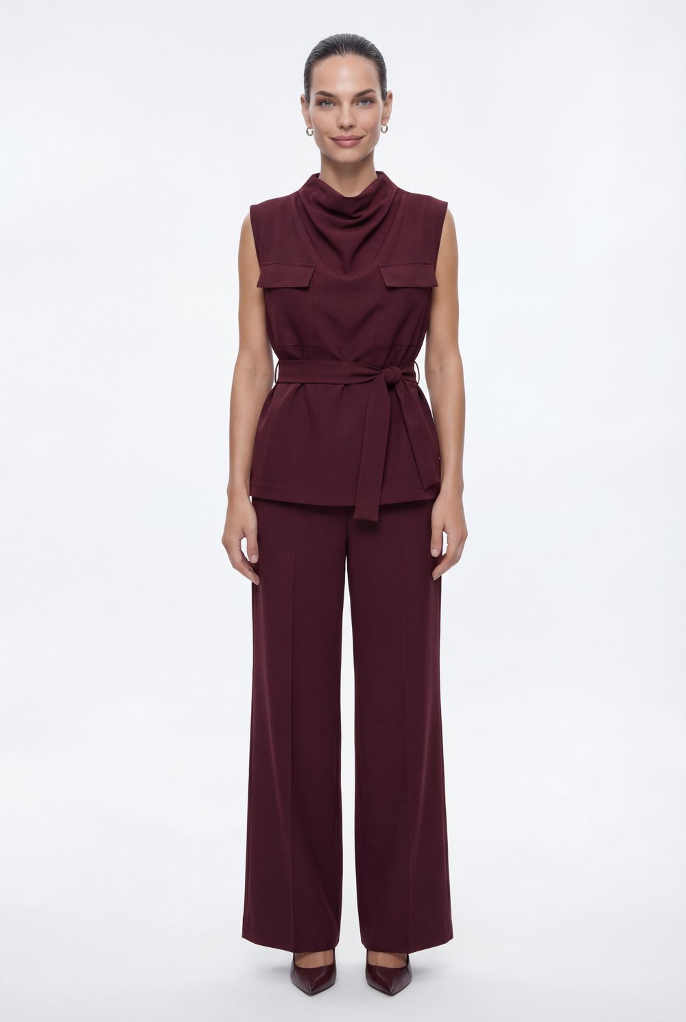 Bordo-ML28011 Kemerli Dik Yaka Bluz