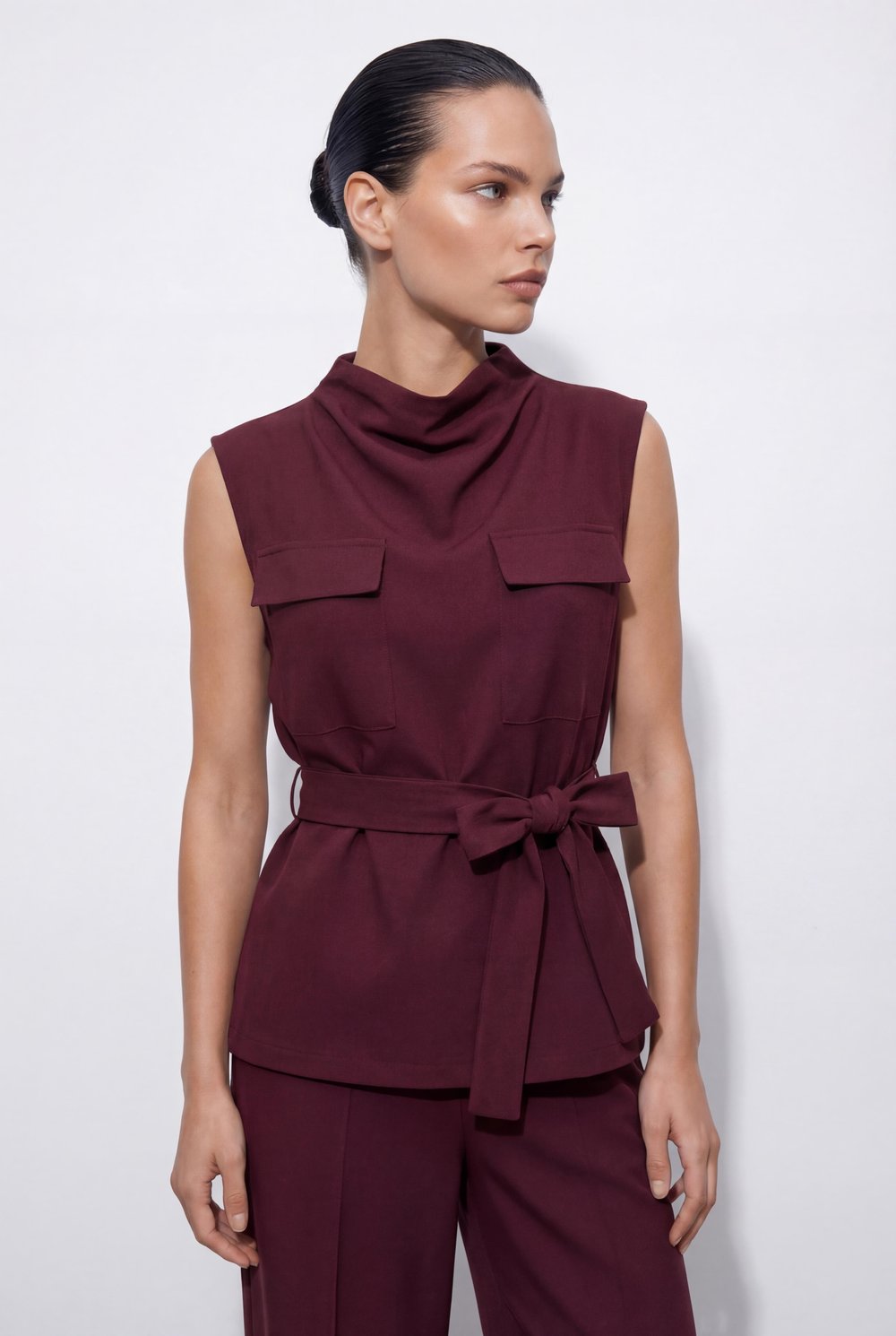 Bordo-ML28011 Kemerli Dik Yaka Bluz